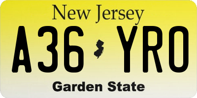 NJ license plate A36YRO