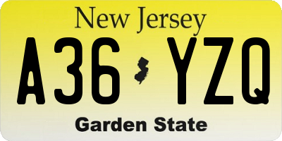 NJ license plate A36YZQ