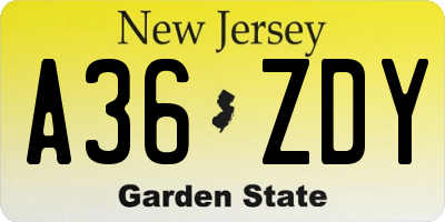 NJ license plate A36ZDY