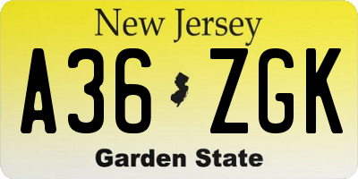 NJ license plate A36ZGK