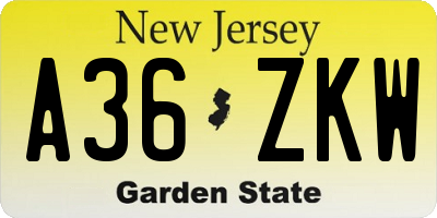 NJ license plate A36ZKW