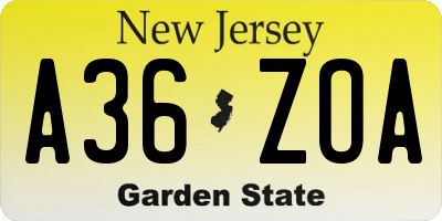 NJ license plate A36ZOA