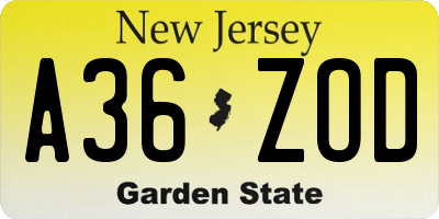 NJ license plate A36ZOD