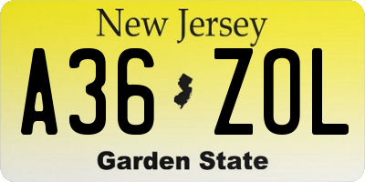 NJ license plate A36ZOL