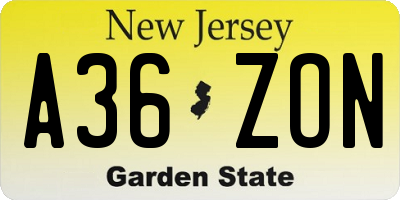NJ license plate A36ZON