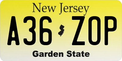 NJ license plate A36ZOP