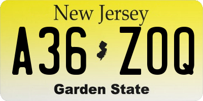NJ license plate A36ZOQ