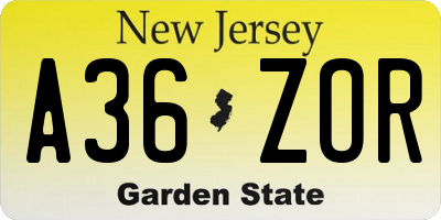 NJ license plate A36ZOR
