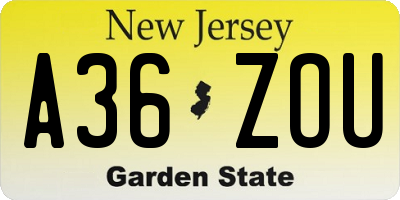 NJ license plate A36ZOU