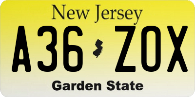 NJ license plate A36ZOX