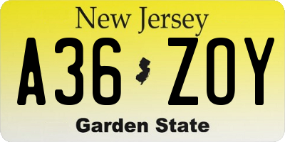 NJ license plate A36ZOY