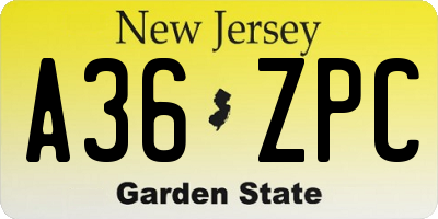 NJ license plate A36ZPC