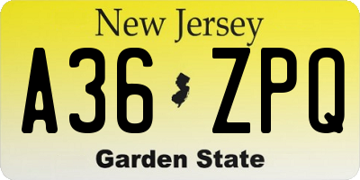 NJ license plate A36ZPQ