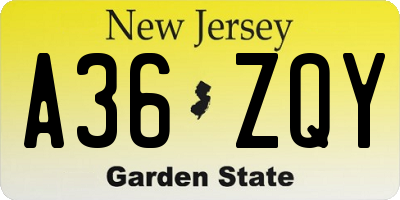 NJ license plate A36ZQY