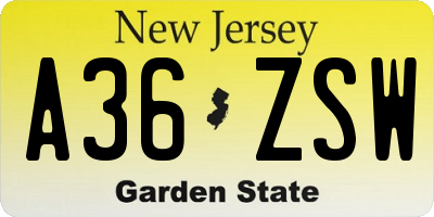 NJ license plate A36ZSW