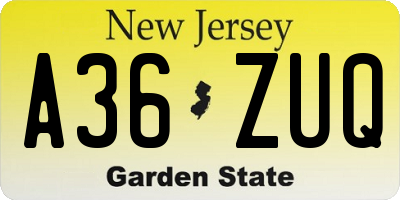 NJ license plate A36ZUQ