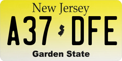NJ license plate A37DFE