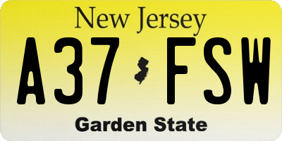 NJ license plate A37FSW
