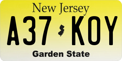 NJ license plate A37KOY