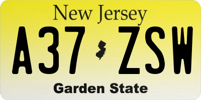 NJ license plate A37ZSW