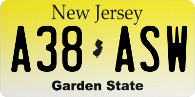 NJ license plate A38ASW