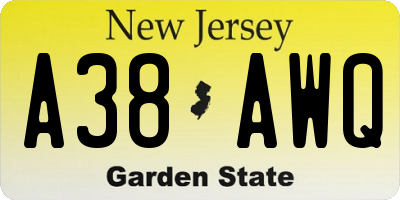 NJ license plate A38AWQ