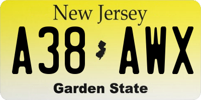 NJ license plate A38AWX