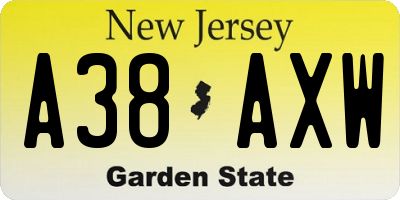 NJ license plate A38AXW