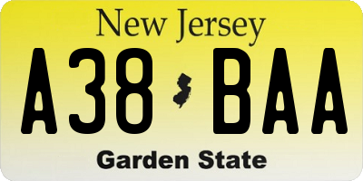 NJ license plate A38BAA