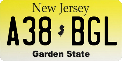 NJ license plate A38BGL