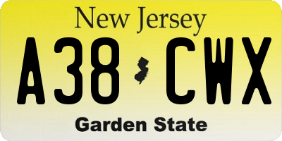NJ license plate A38CWX