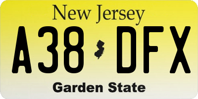 NJ license plate A38DFX