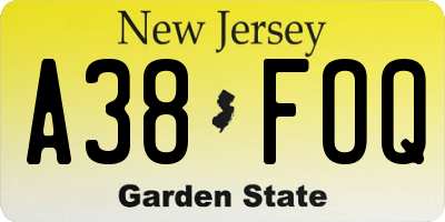 NJ license plate A38FOQ