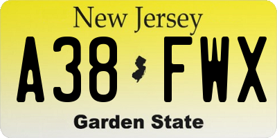 NJ license plate A38FWX