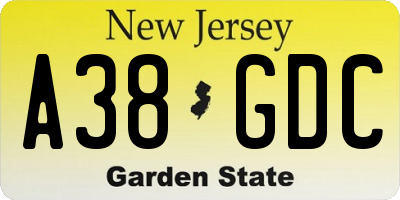 NJ license plate A38GDC