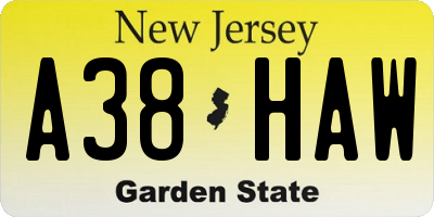 NJ license plate A38HAW