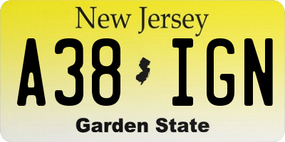 NJ license plate A38IGN