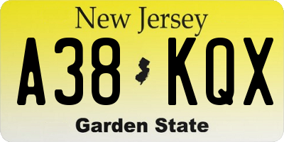 NJ license plate A38KQX