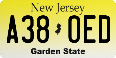 NJ license plate A38OED