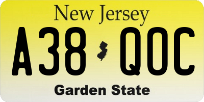 NJ license plate A38QOC