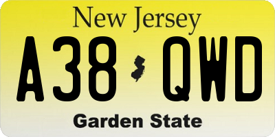 NJ license plate A38QWD