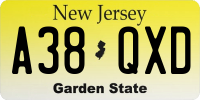 NJ license plate A38QXD