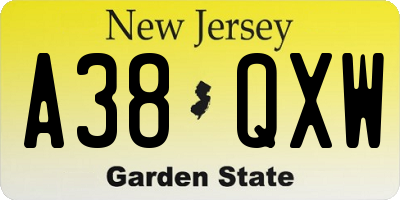NJ license plate A38QXW
