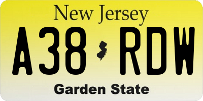 NJ license plate A38RDW