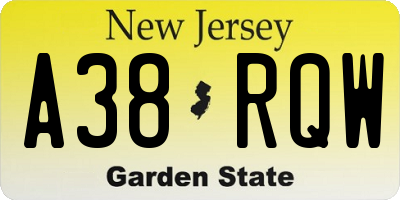 NJ license plate A38RQW
