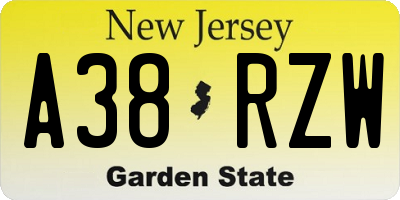 NJ license plate A38RZW