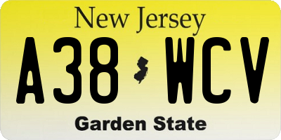 NJ license plate A38WCV
