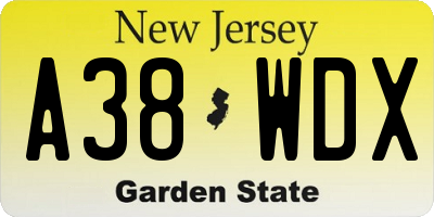 NJ license plate A38WDX