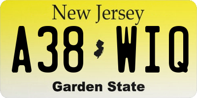 NJ license plate A38WIQ
