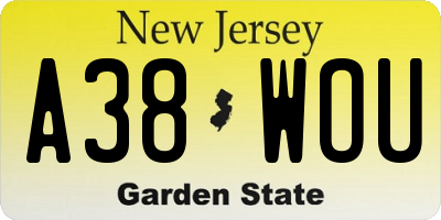 NJ license plate A38WOU